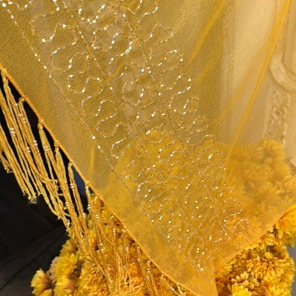 Elegant Gold Embroidered and Beaded Mustard Color Sheer Rectangle Scarf - Picture 2 of 4